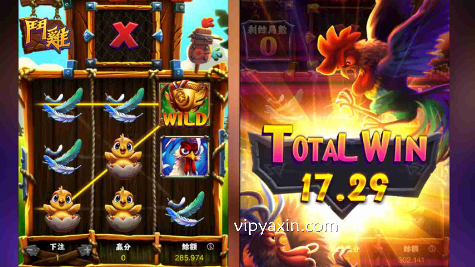 《斗鸡》老虎机游戏1024条赔付线，最高倍数达800倍